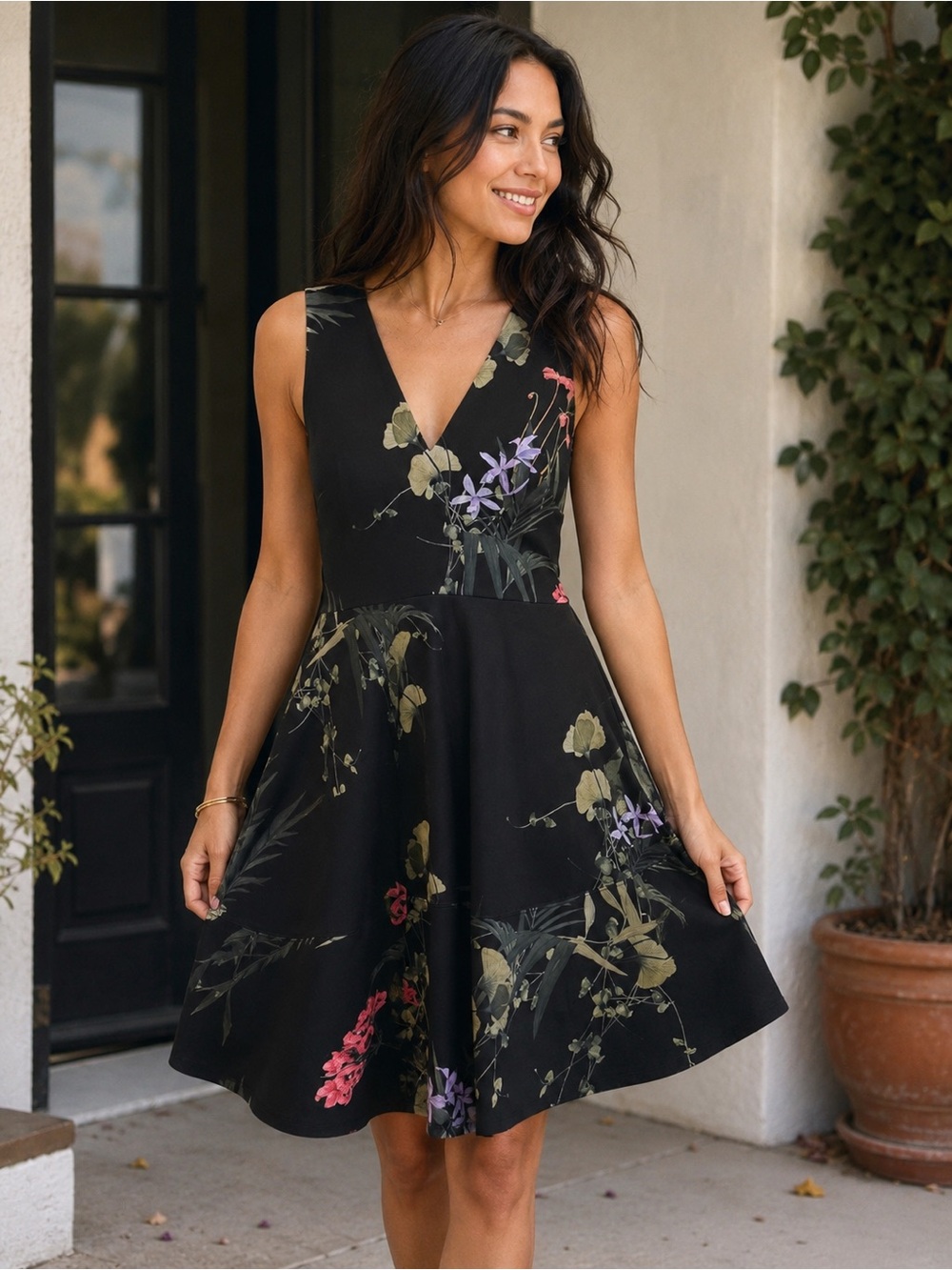 Ted Baker London Black Floral Fit & Flare Dress Size 3 US 8/Medium